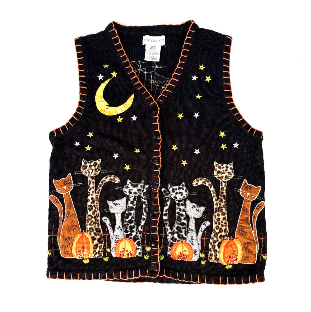 VTG Halloween Knit Sweater Vest Cats Pumpkins Black ADULT LARGE
